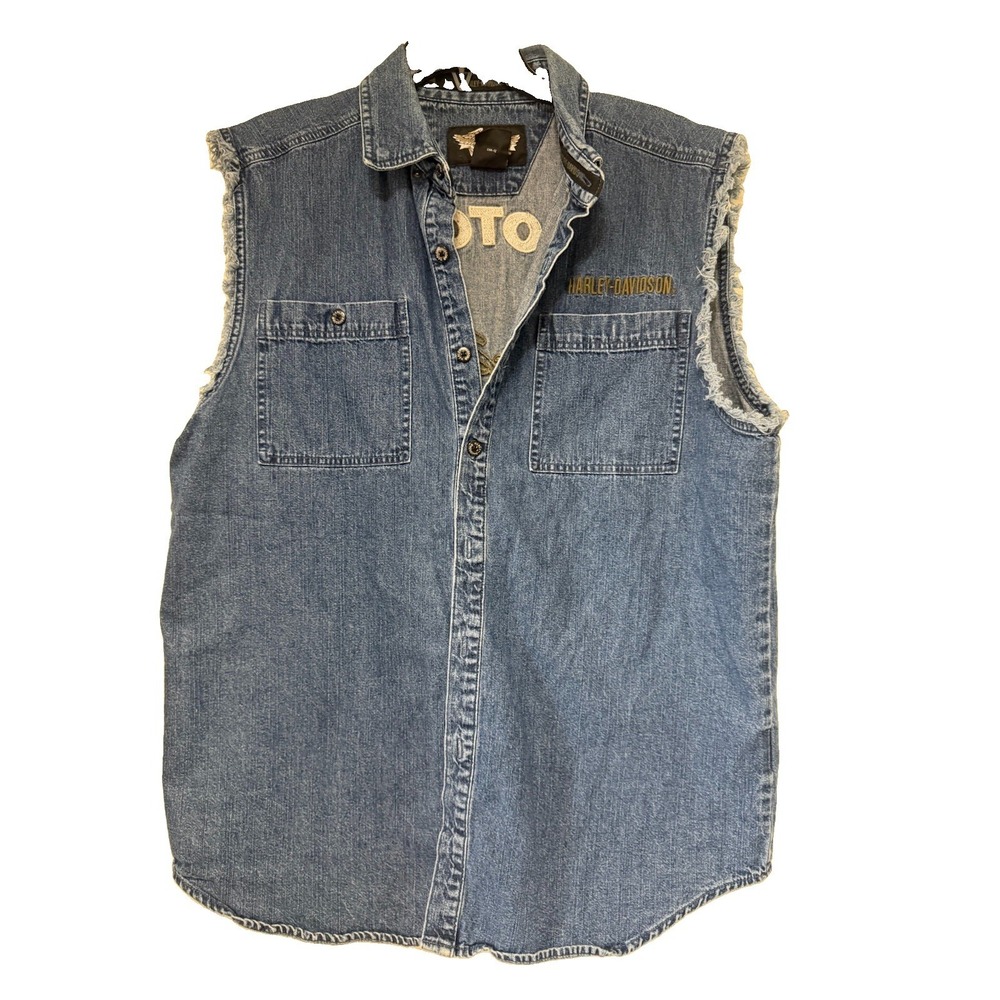 Vtg Harley Davidson Mens L Sleeveless Denim Shirt Frayed Cutoff Biker Vest Large